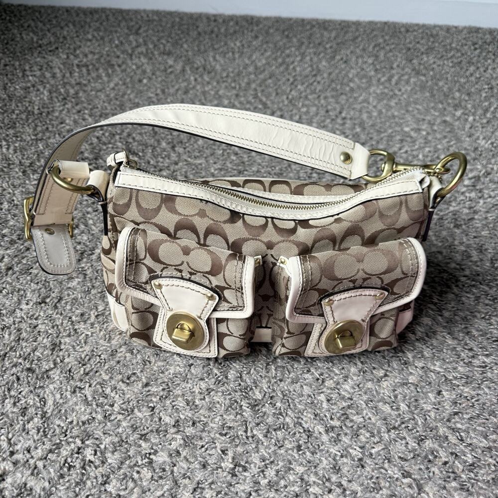 Y2K COACH Brown White Legacy Shoulder Double Turn Lock Signature Bag - Picture 2 of 12